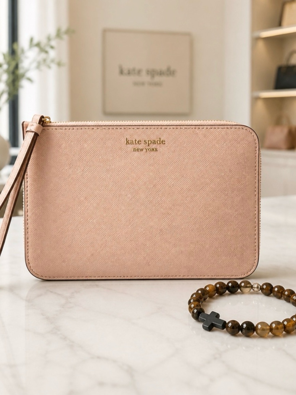 kate spade Pink Saffiano Leather Zip Wristlet and bracelet